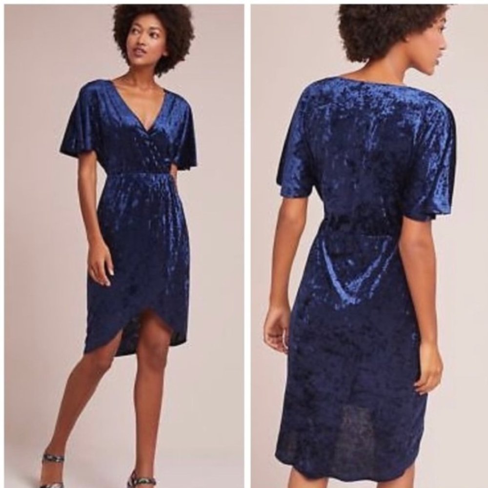 Anthropologie Sunday in Brooklyn Blue Crushed Velvet Faux Wrap Dress